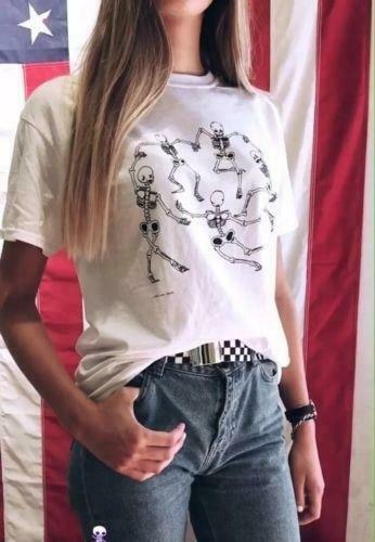 Gothic Skeleton Dance Tee: Y2K Aesthetic Grunge Style Shirt for Women - Coquette Fashion Statement