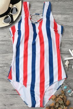 Gothic Striped Lattice Cami Swimsuit in Y2K Fashion Aesthetic for Women