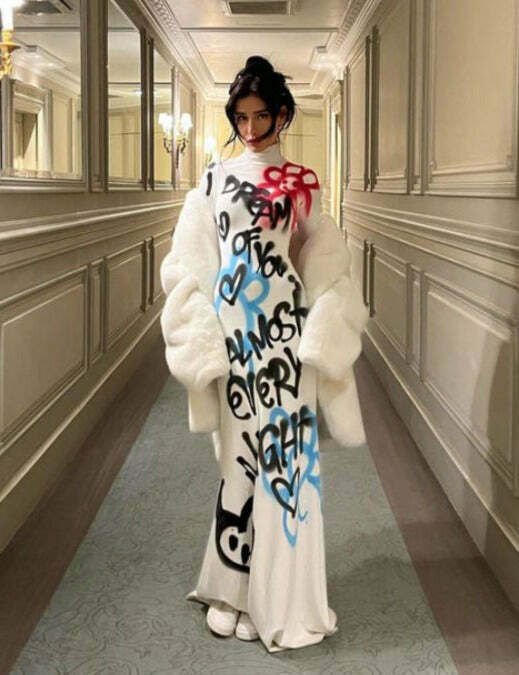 Graffiti Long Sleeve Maxi Dress: Coquette Aesthetic Cover-Up for Women's Y2K Fashion