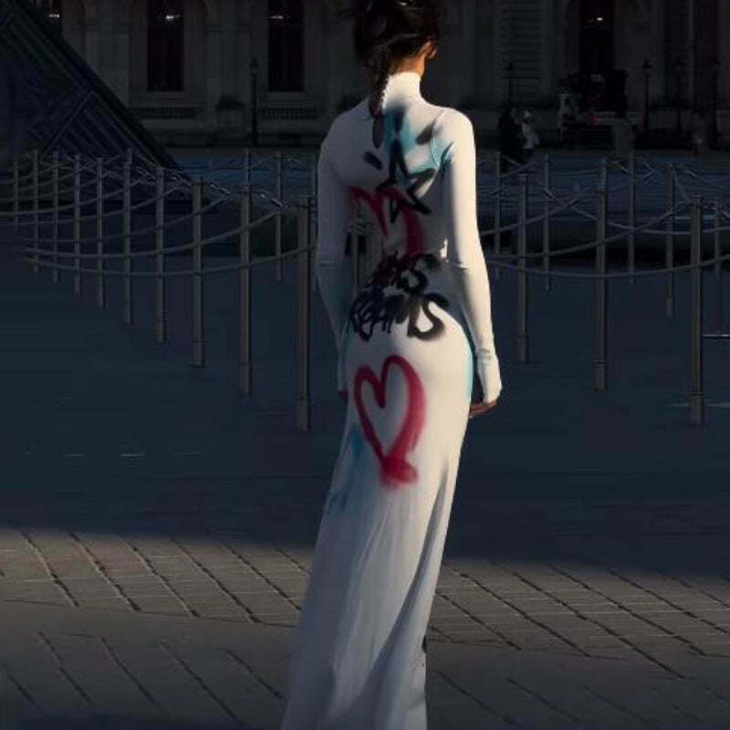 Graffiti Long Sleeve Maxi Dress: Coquette Aesthetic Cover-Up for Women's Y2K Fashion
