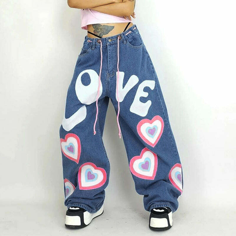 Graffiti Printed Wide-Leg Jeans - Y2K Fashion Statement with Coquette & Grunge Aesthetic