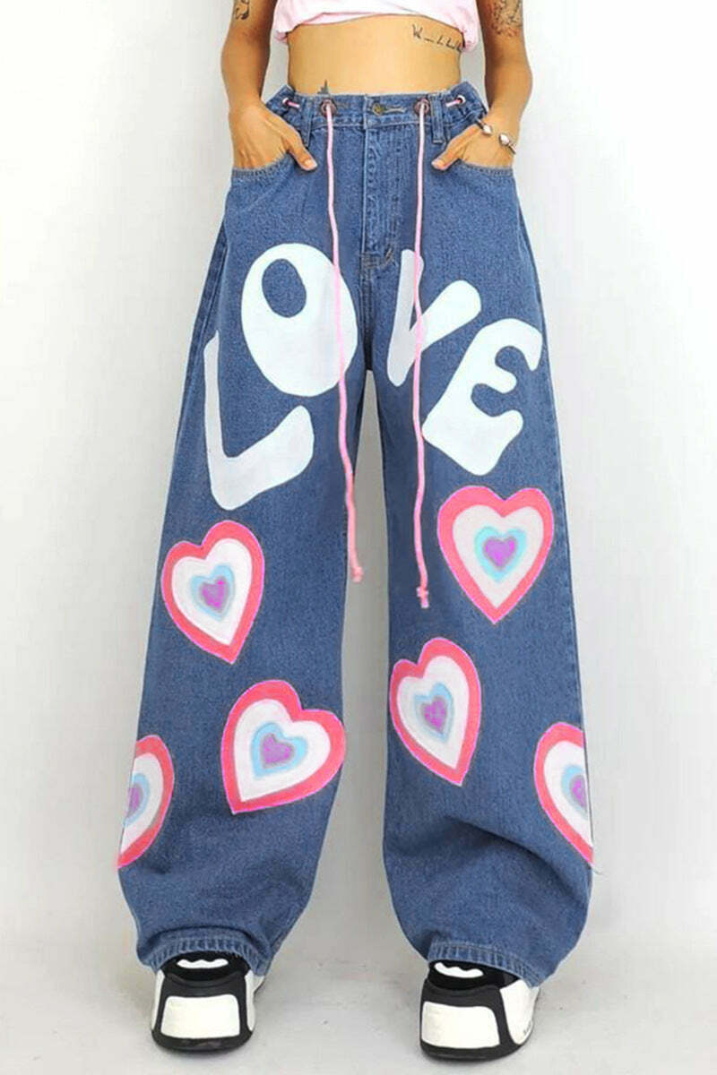 Graffiti Printed Wide-Leg Jeans - Y2K Fashion Statement with Coquette & Grunge Aesthetic