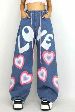 Graffiti Printed Wide-Leg Jeans - Y2K Fashion Statement with Coquette & Grunge Aesthetic