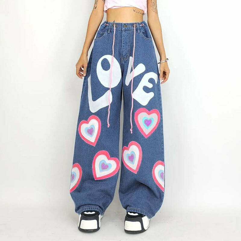 Graffiti Printed Wide-Leg Jeans - Y2K Fashion Statement with Coquette & Grunge Aesthetic
