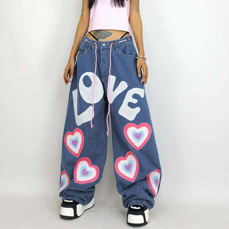 Graffiti Printed Wide-Leg Jeans - Y2K Fashion Statement with Coquette & Grunge Aesthetic