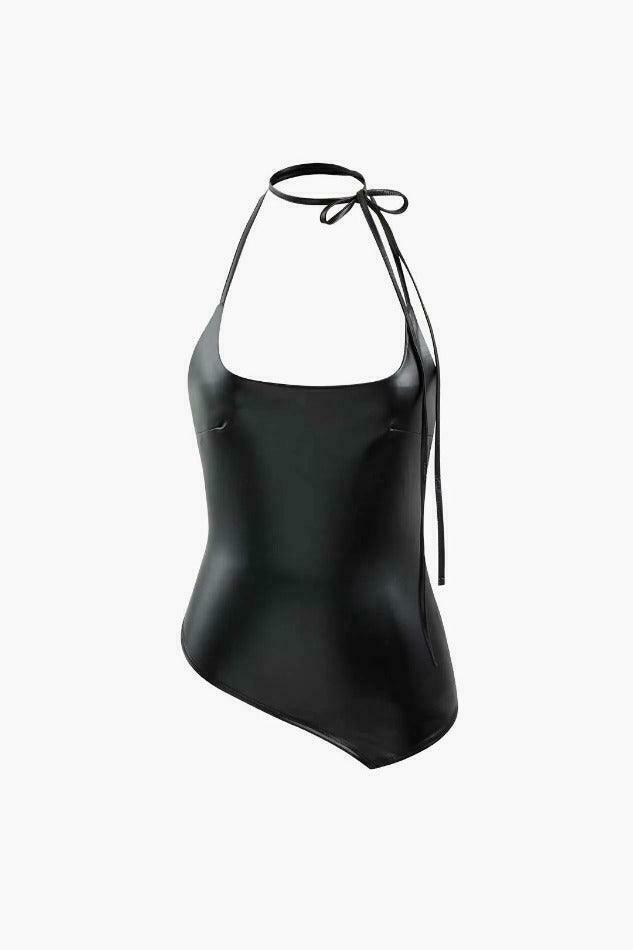 Grunge Aesthetic Faux Leather Halter Top with Coquette Style - Y2K Fashion Statement