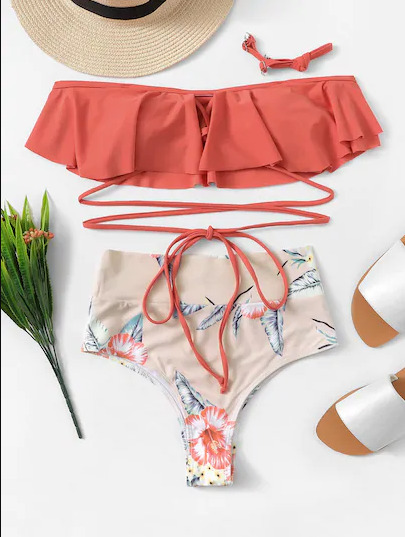 Grunge Aesthetic Flounce Off-The-Shoulder Bikini Set with Y2K Fashion Vibe