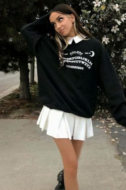 Grunge Alphabet Sweatshirt: Y2K Aesthetic Black Coquette Fashion - Cute Tops & Cargo Skirt