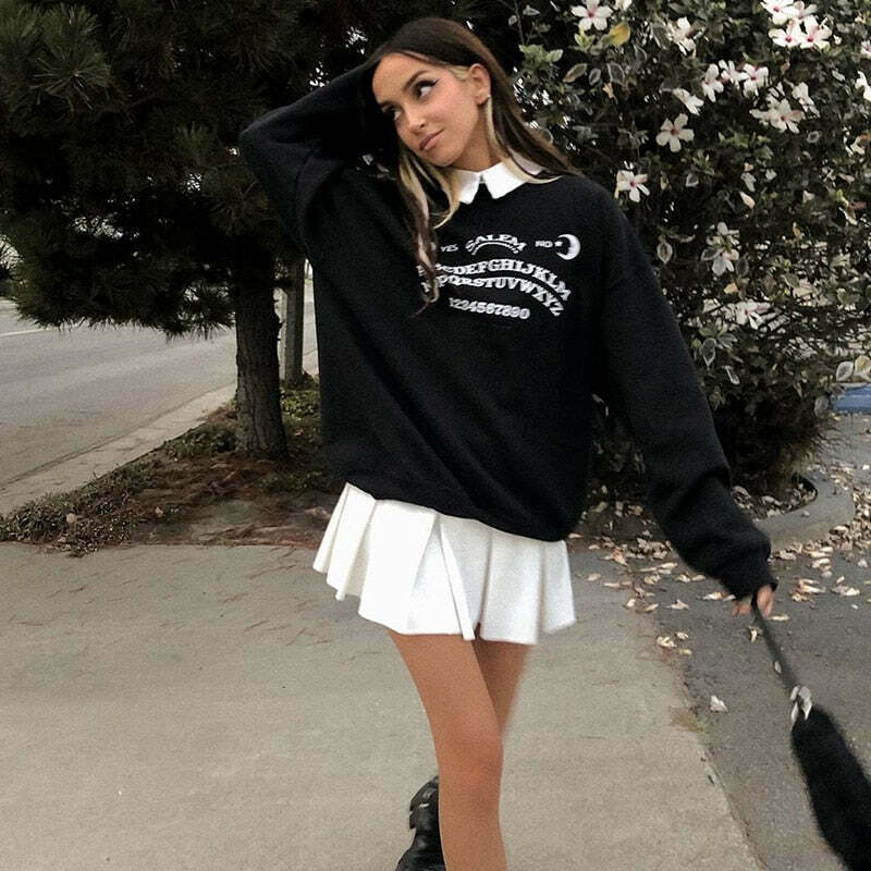 Grunge Alphabet Sweatshirt: Y2K Aesthetic Black Coquette Fashion - Cute Tops & Cargo Skirt