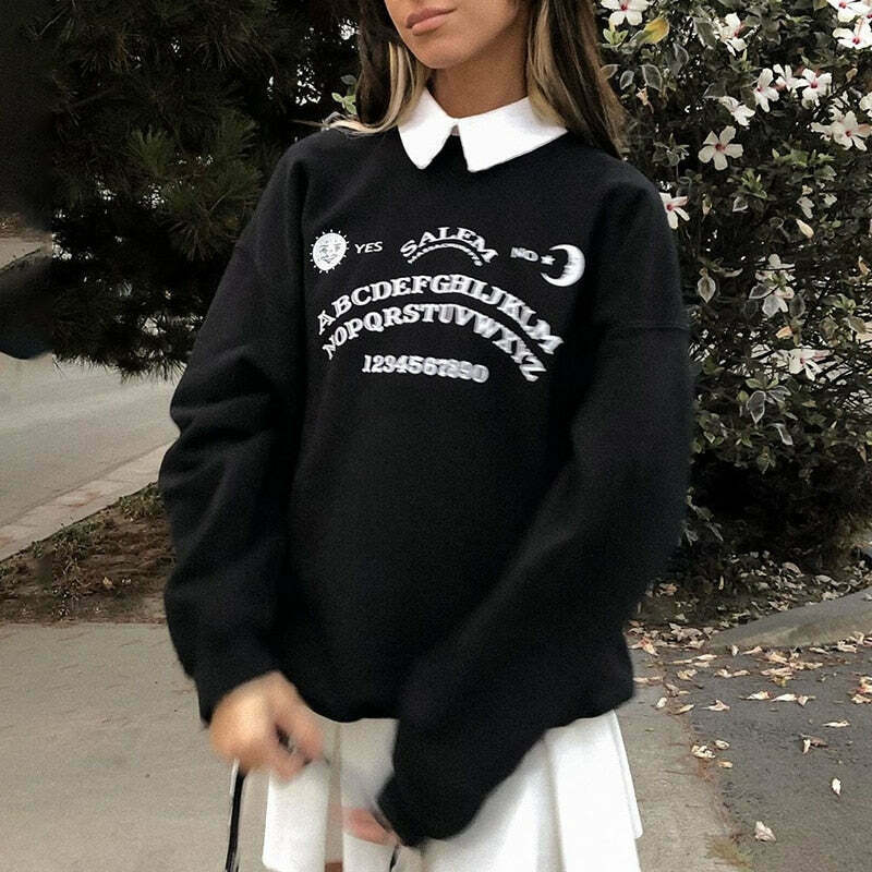 Grunge Alphabet Sweatshirt: Y2K Aesthetic Black Coquette Fashion - Cute Tops & Cargo Skirt