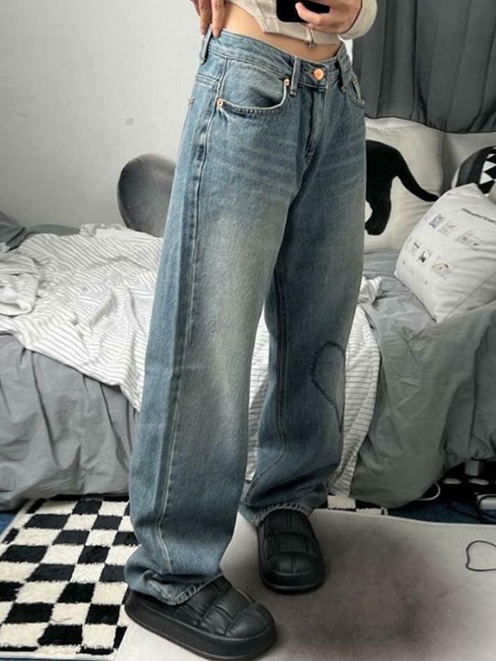 Heart Embroidered Wide-Leg Jeans: Y2K Fashion with a Coquette Aesthetic
