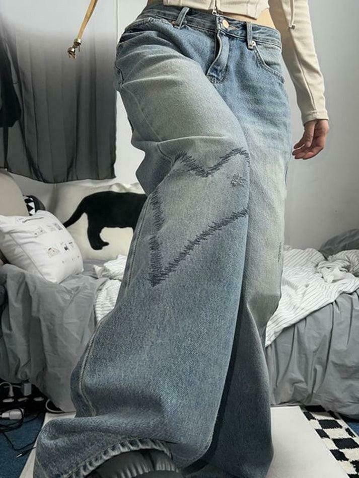Heart Embroidered Wide-Leg Jeans: Y2K Fashion with a Coquette Aesthetic