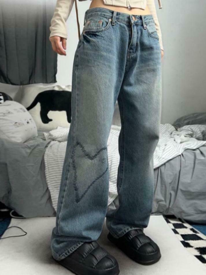 Heart Embroidered Wide-Leg Jeans: Y2K Fashion with a Coquette Aesthetic