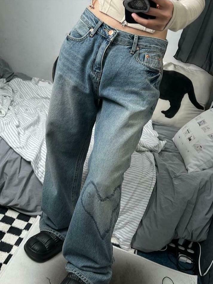 Heart Embroidered Wide-Leg Jeans: Y2K Fashion with a Coquette Aesthetic