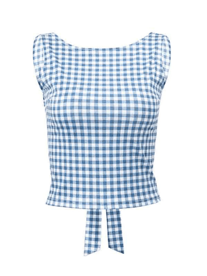 Houndstooth Print Bow Slim Tank Top - Y2K Fashion Coquette Aesthetic Grunge Style Cute Tops