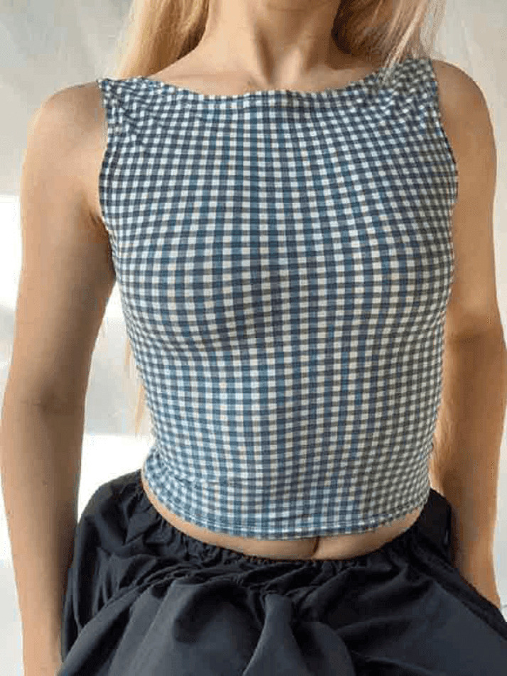 Houndstooth Print Bow Slim Tank Top - Y2K Fashion Coquette Aesthetic Grunge Style Cute Tops