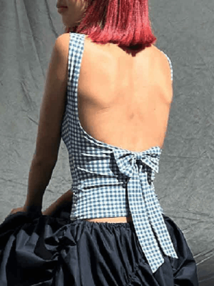 Houndstooth Print Bow Slim Tank Top - Y2K Fashion Coquette Aesthetic Grunge Style Cute Tops