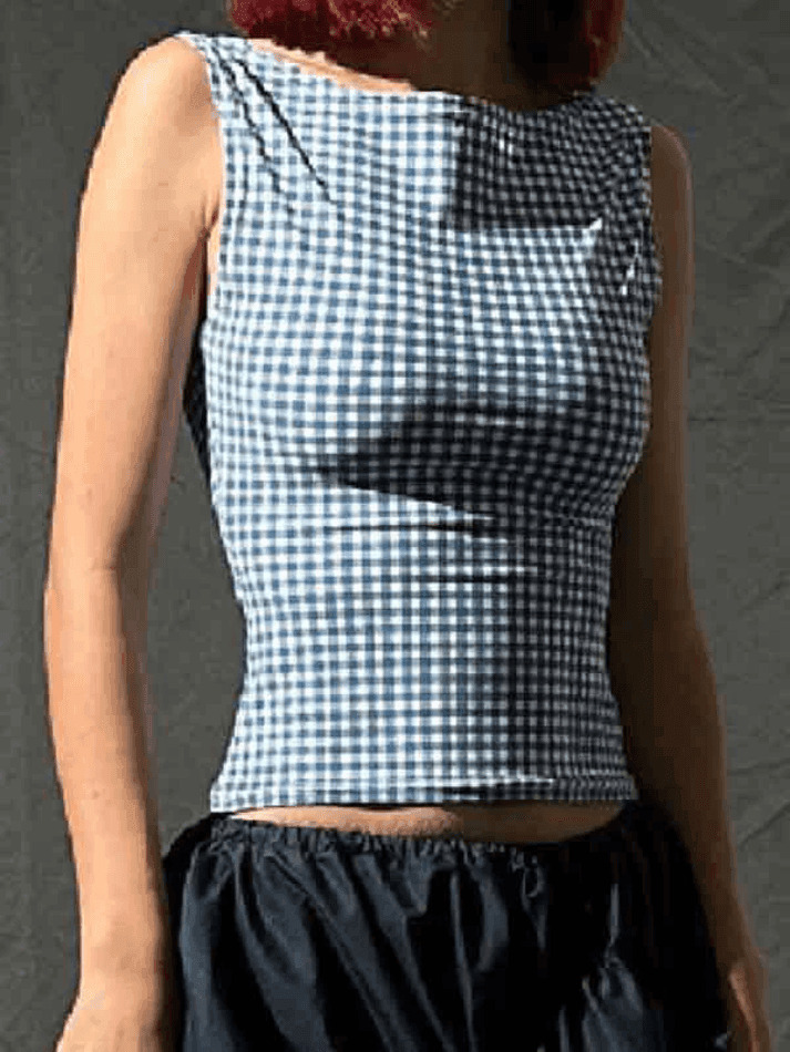 Houndstooth Print Bow Slim Tank Top - Y2K Fashion Coquette Aesthetic Grunge Style Cute Tops