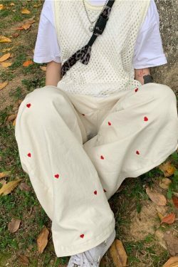 Indie Aesthetic Heart Pattern Wide Leg Pants - Y2K Fashion Grunge Style Cute Tops Cargo