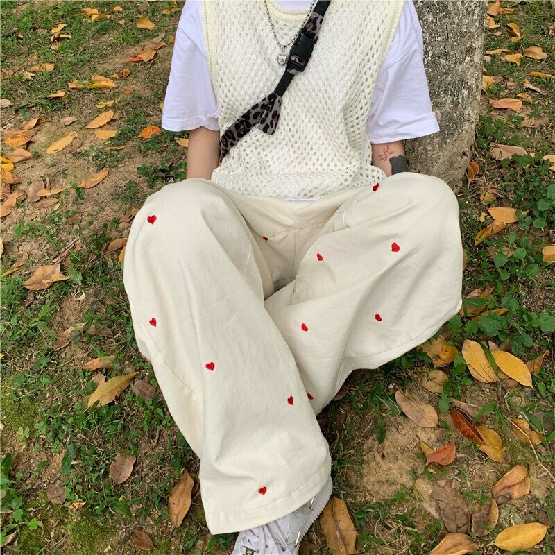 Indie Aesthetic Heart Pattern Wide Leg Pants - Y2K Fashion Grunge Style Cute Tops Cargo
