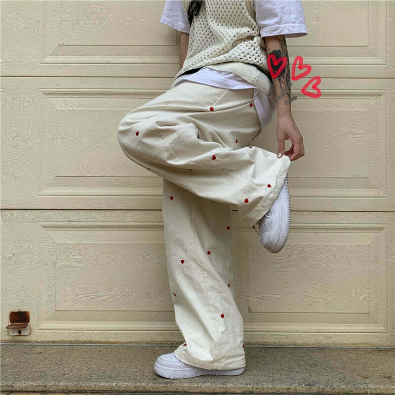 Indie Aesthetic Heart Pattern Wide Leg Pants - Y2K Fashion Grunge Style Cute Tops Cargo