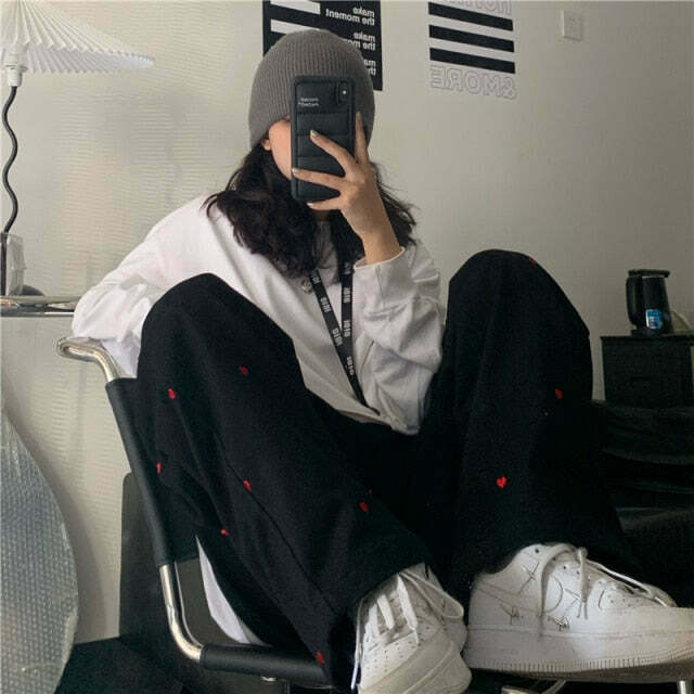 Indie Aesthetic Heart Pattern Wide Leg Pants - Y2K Fashion Grunge Style Cute Tops Cargo