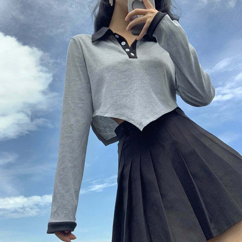 Indie Aesthetic Long Sleeve Gray Crop Top with Irregular Waist Detail