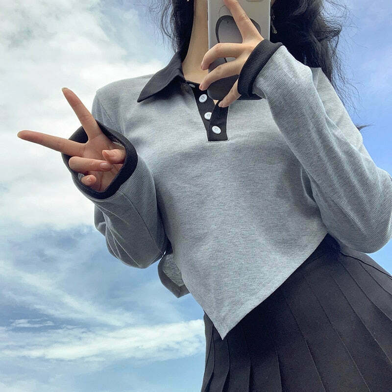 Indie Aesthetic Long Sleeve Gray Crop Top with Irregular Waist Detail