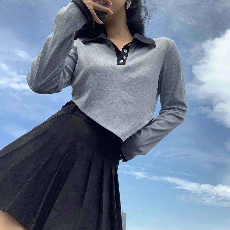 Indie Aesthetic Long Sleeve Gray Crop Top with Irregular Waist Detail