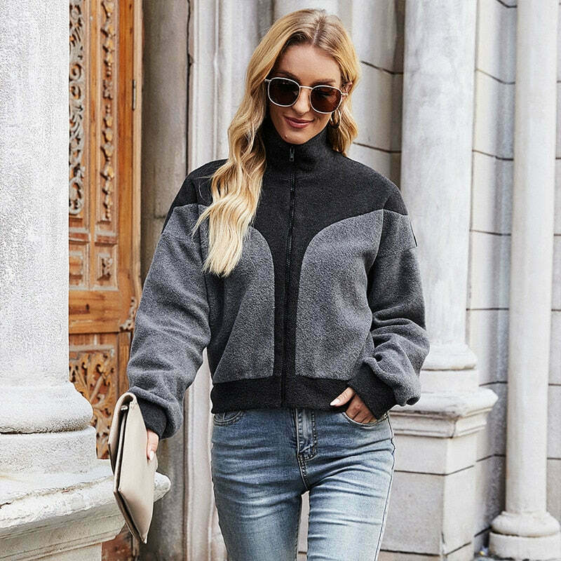 Indie Polar Stand Collar Zippered Black Jacket - Y2K Fashion Aesthetic for Women