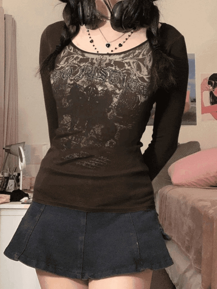 Justice Goth Punk Long Sleeve Tee - Y2K Aesthetic Fashion for Women - Coquette Style Grunge Outfit