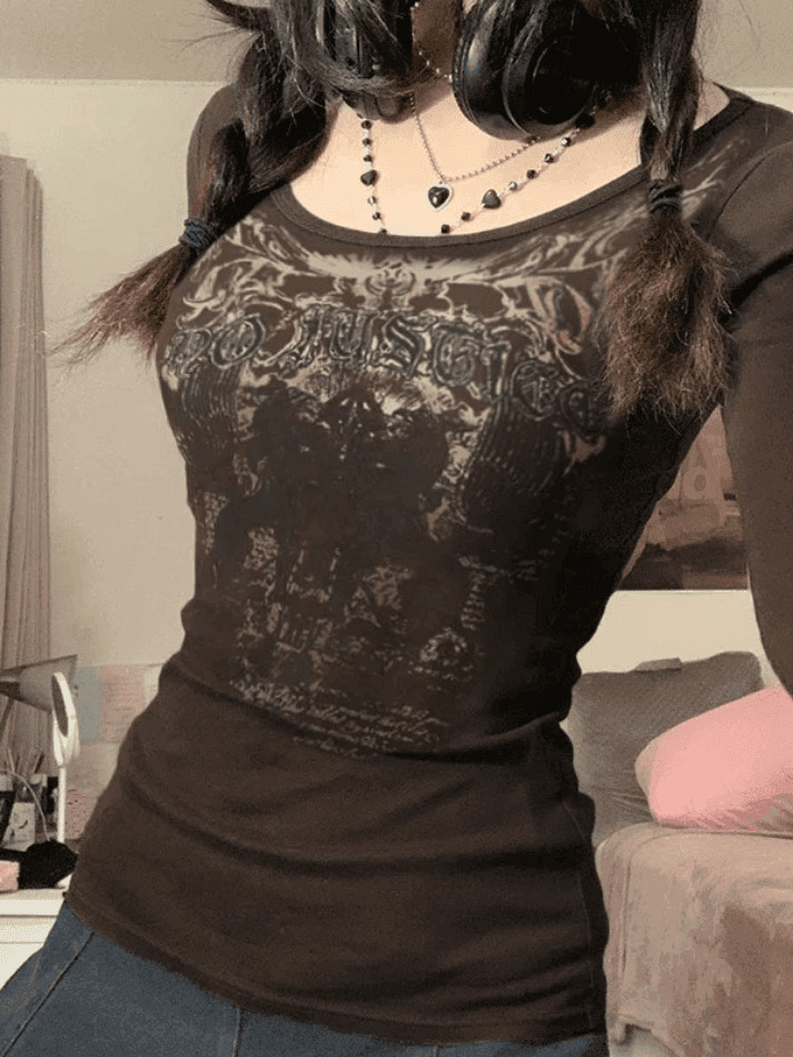 Justice Goth Punk Long Sleeve Tee - Y2K Aesthetic Fashion for Women - Coquette Style Grunge Outfit