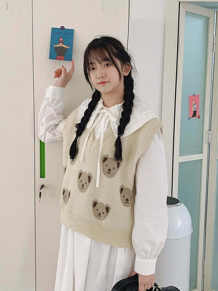 Kare Bear Printed Vest - Y2K Fashion Coquette Aesthetic Grunge Style Cute Tops Pastel Goth