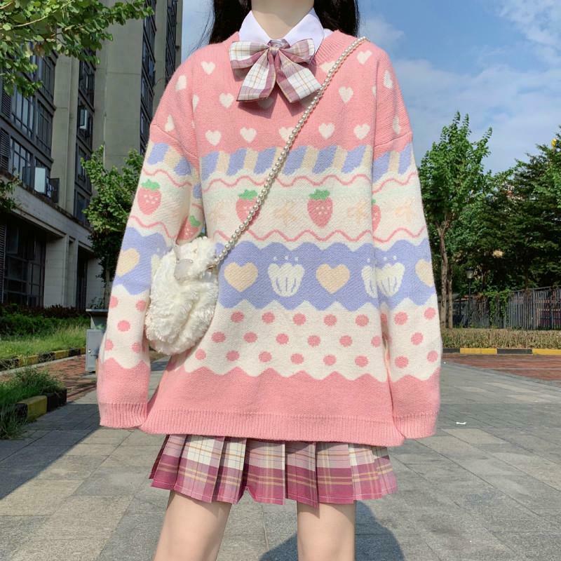 Kawaii Strawberry Sweater: Y2K Fashion with a Cute and Coquette Aesthetic Touch