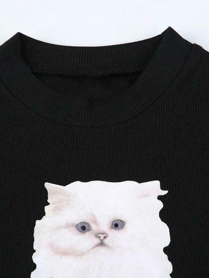 Kitty Print Plush Splice Cropped Long Sleeve Knit - Y2K Aesthetic Women's Fashion