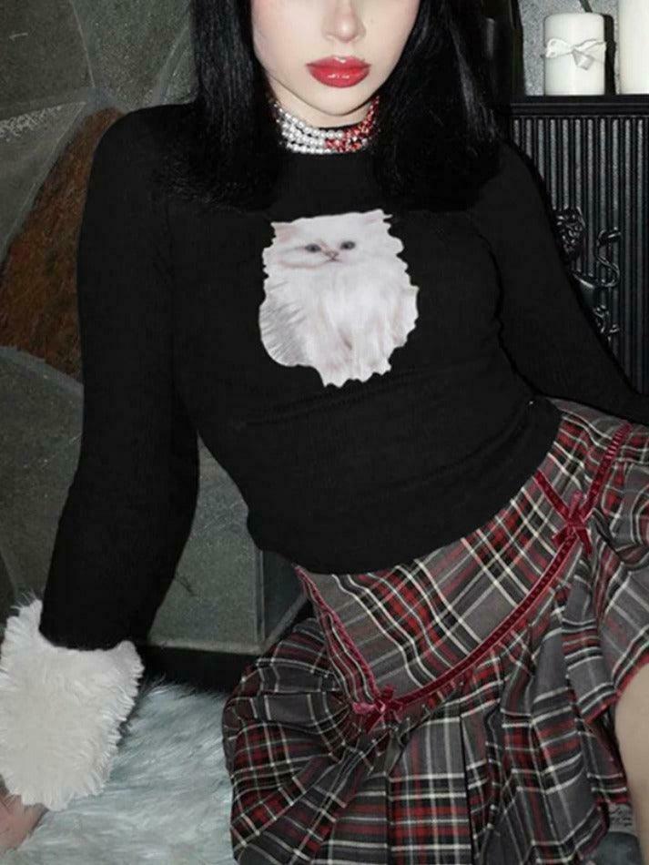 Kitty Print Plush Splice Cropped Long Sleeve Knit - Y2K Aesthetic Women's Fashion