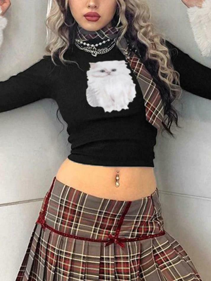 Kitty Print Plush Splice Cropped Long Sleeve Knit - Y2K Aesthetic Women's Fashion