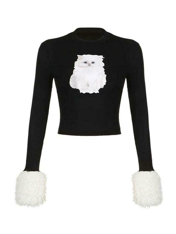 Kitty Print Plush Splice Cropped Long Sleeve Knit - Y2K Aesthetic Women's Fashion