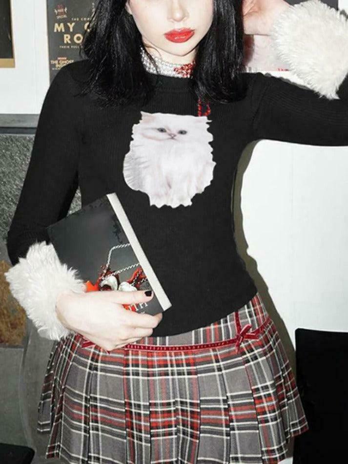 Kitty Print Plush Splice Cropped Long Sleeve Knit - Y2K Aesthetic Women's Fashion