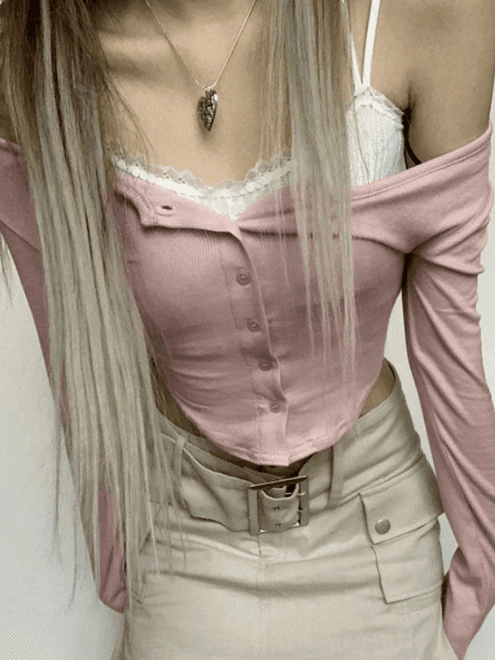 Lace Patchwork Pink Knit Crop Top - Y2K Fashion Aesthetic for Women - Coquette Style Grunge Outfits
