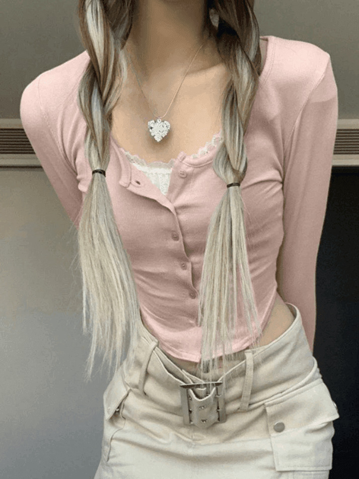 Lace Patchwork Pink Knit Crop Top - Y2K Fashion Aesthetic for Women - Coquette Style Grunge Outfits