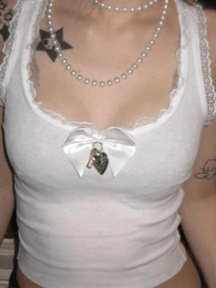Lace Trim Bow White Tank Top - Y2K Aesthetic Coquette Grunge Pastel Goth