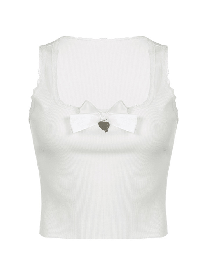 Lace Trim Bow White Tank Top - Y2K Aesthetic Coquette Grunge Pastel Goth