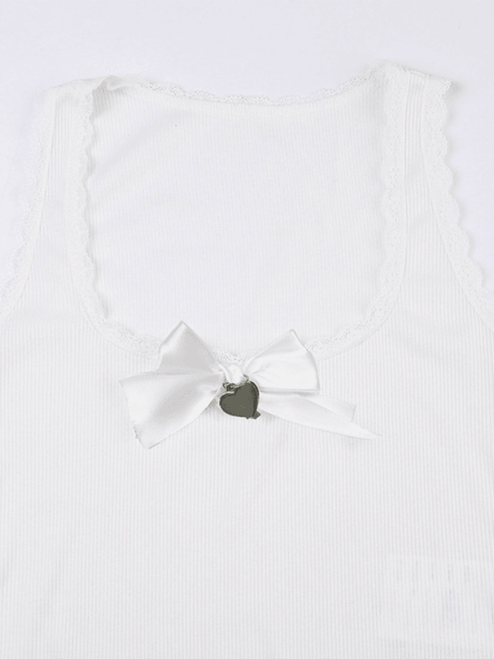 Lace Trim Bow White Tank Top - Y2K Aesthetic Coquette Grunge Pastel Goth