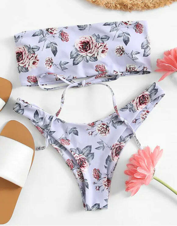 Lavender Floral Bandeau Bikini Set - Y2K Fashion Swimwear for Women