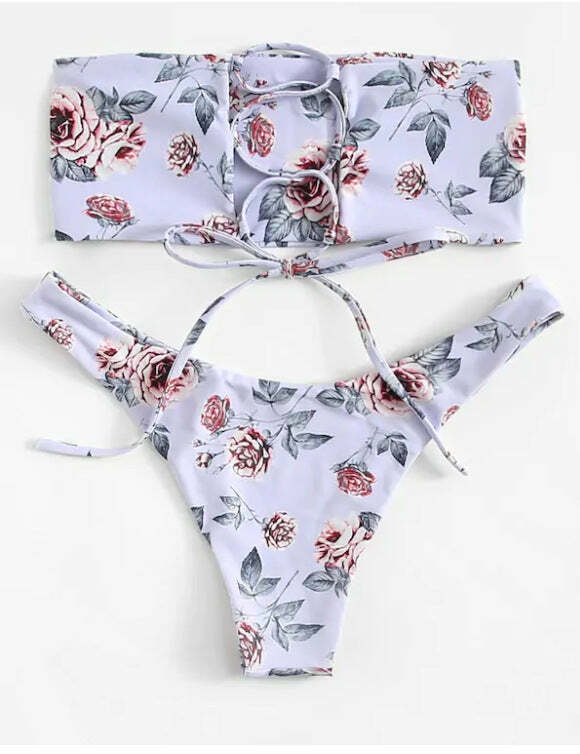 Lavender Floral Bandeau Bikini Set - Y2K Fashion Swimwear for Women