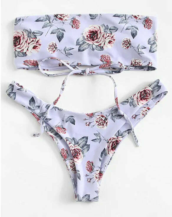 Lavender Floral Bandeau Bikini Set - Y2K Fashion Swimwear for Women
