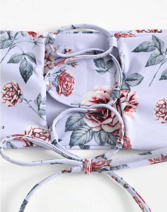 Lavender Floral Bandeau Bikini Set - Y2K Fashion Swimwear for Women
