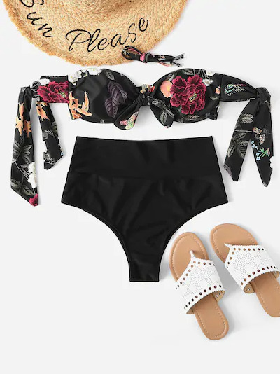 Leaf Print Bikini Set with Tie Shoulders - Y2K Fashion Swimwear for Women