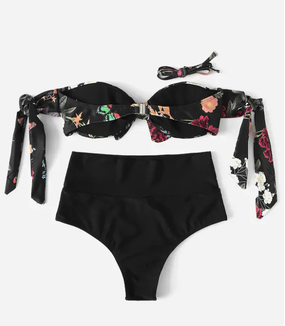 Leaf Print Bikini Set with Tie Shoulders - Y2K Fashion Swimwear for Women